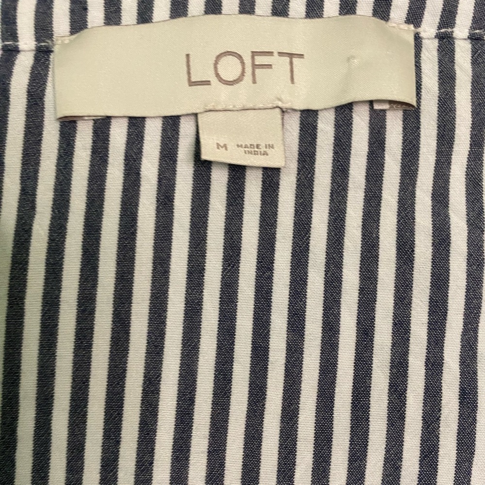 LOFT Navy and White Striped V-Neckline Short Sleeve Wrap Blouse - Picture 4 of 5
